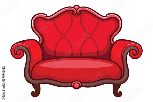 Cartoon Illustration of a Padded Red Armchair with Rolled Arms and Wooden Legs