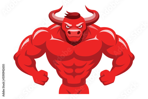 Cartoon Muscular Red Bull with Horns, Intimidating Stance, Illustration Isolated