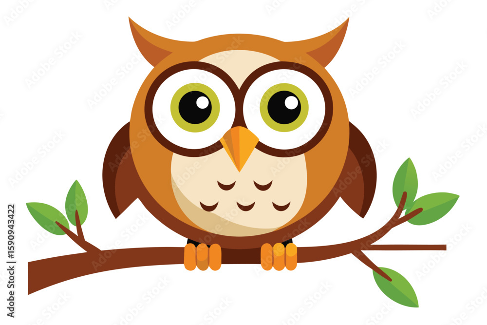 Fototapeta premium Cartoon Owl with Green Eyes Sitting on Brown Branch with Green Leaves