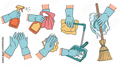 Cleaning Hands Gloves wipe spray scrub and sanitize in a colorful hygienic scene