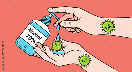 Hand sanitizer fights off angry cartoon viruses on hands