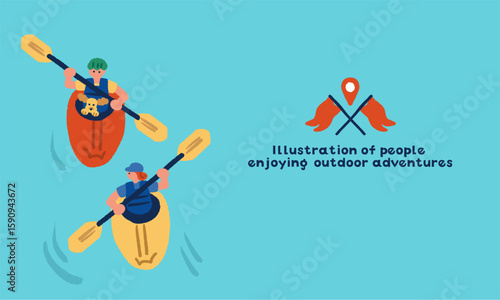 カヤックを楽しむ人々の手描きイラスト