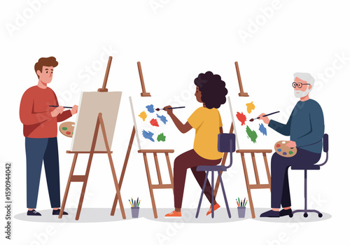Diverse group of people of different ages enjoying painting together in an art class, expressing creativity on canvases.