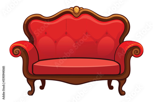 Cartoon Red Tufted Couch with Wooden Frame and Ornate Details, Isolated