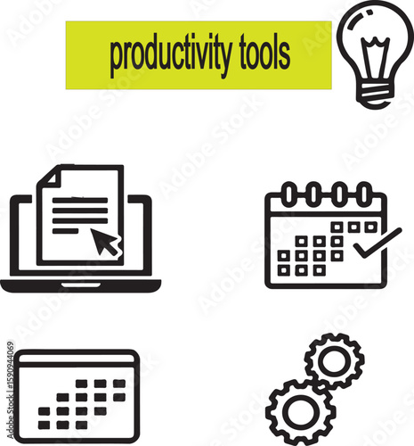 "Productivity and Creativity Tools Vector – innovative idea generation, brainstorming icons, digital planning, workflow tools, creative thinking elements for business, office, and design use"