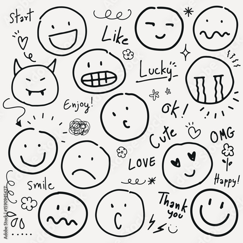 Doodle faces with various expressions like happy, sad, and surprised. Includes words like 'love', 'cute', and 'lucky'. Fun and playful sketch of emotions. Doodle and hand drawn words, vector set.