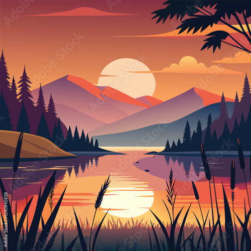 Vibrant sunset paints the sky with orange hues, reflecting over the calm lake nestled amidst tranquil mountains and forest trees