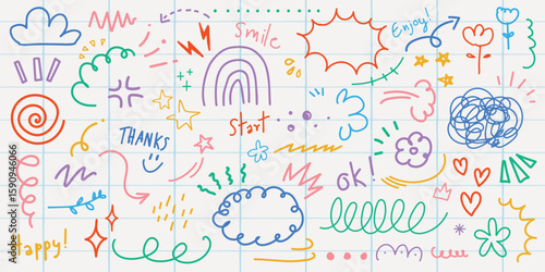 Colorful doodles with rainbows, stars, and clouds. Playful sketches include smiley faces, hearts, and swirls. Vibrant doodles for creative projects. Colorful typography vector set.