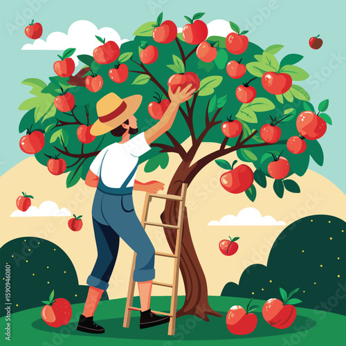 Man, woman, and child picking red apples from a fruit tree in a summer garden illustration
