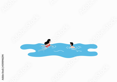 Minimalist illustration of two people enjoying a leisurely swim in a refreshing blue body of water.