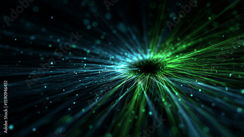 Abstract digital data visualization with glowing green and blue lines converging on a central circular node.