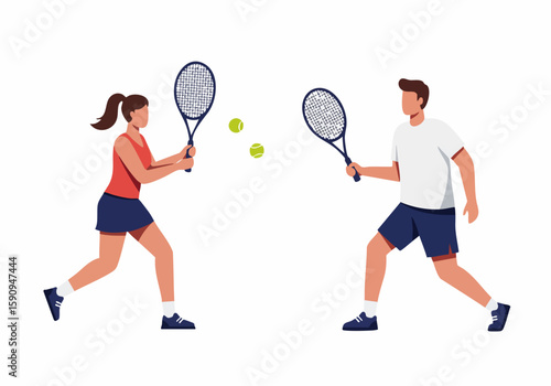 Dynamic illustration of a man and a woman playing tennis, showcasing an active and healthy lifestyle with rackets and balls in action.