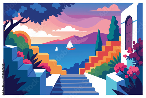 Colorful Mediterranean Coast Illustration Stairs, Sailboat, Pink Sunset Sky, Architecture, and Lush Vegetation