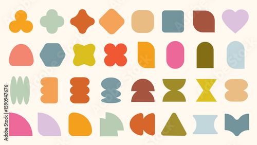 Pastel vectors. Colorful abstract shapes in various geometric forms. Shapes include circles, squares, and triangles. Bright colors enhance the geometric shapes' appeal. Pastel elements, vector set.