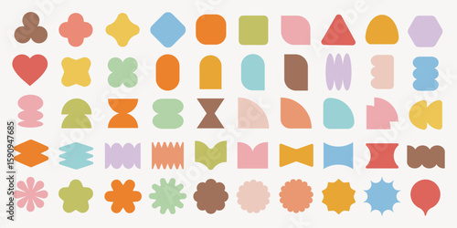 Pastel vectors. Colorful abstract shapes in various geometric forms. Shapes include circles, squares, and triangles. Bright colors enhance the geometric shapes' appeal. Pastel elements, vector set.