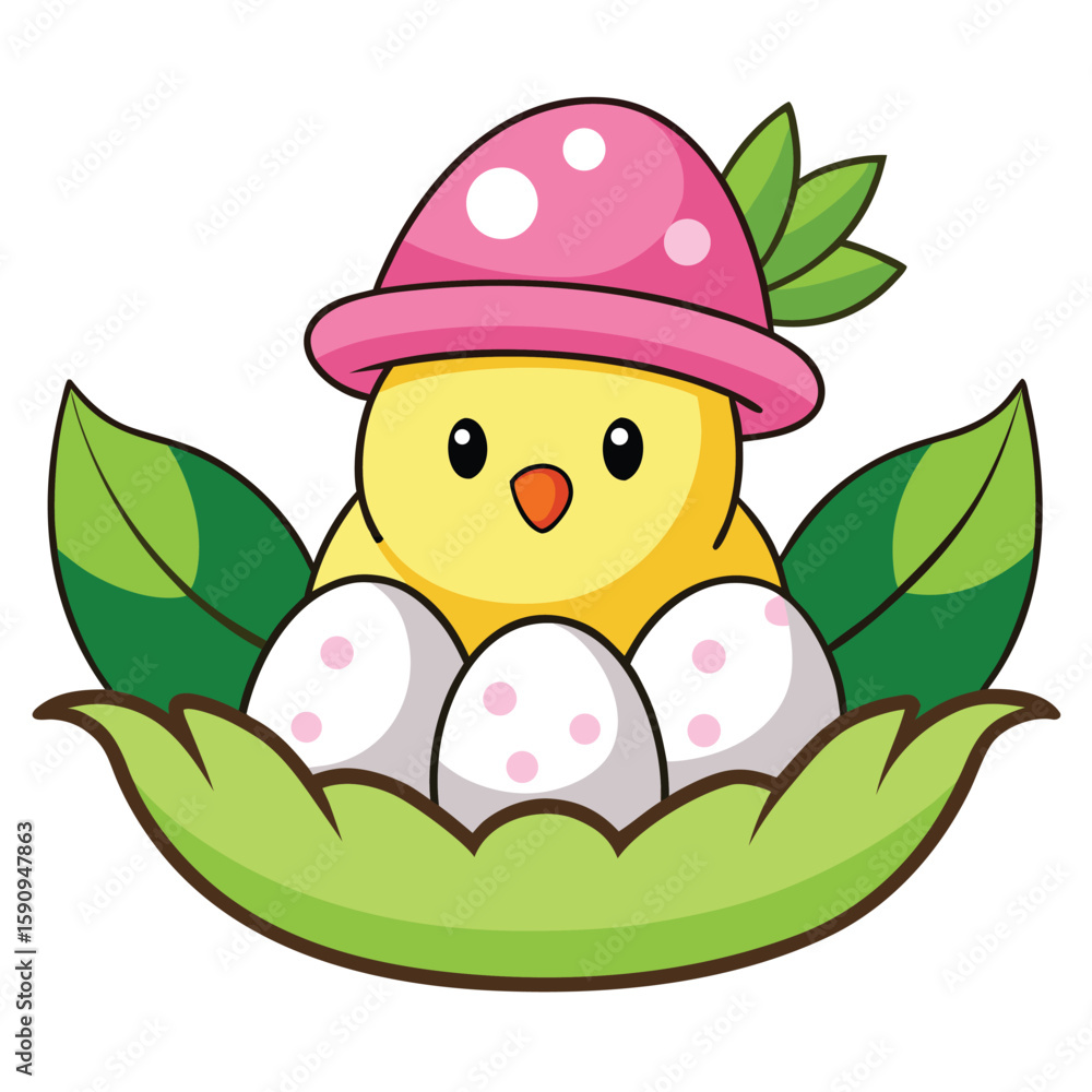 Naklejka premium Cute Cartoon Chick in a Nest with Eggs and Pink Hat Illustration