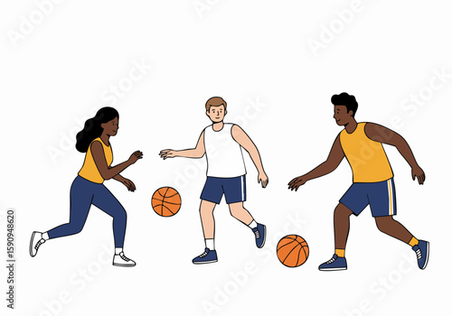 Diverse group of young adults playing basketball, showcasing active lifestyle, teamwork, and sportsmanship in a vibrant illustration.