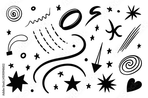 Hand-drawn elements create a playful and versatile doodle design featuring stars, swirls, arrows, and abstract shapes perfect for graphic design projects.