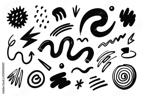 Hand-drawn doodles create a modern abstract graphic, perfect for adding a playful touch to backgrounds, branding, or web design elements.