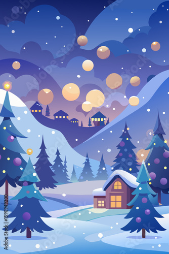 A whimsical winter wonderland featuring snowy landscapes, decorated Christmas trees, and cozy houses, perfect for holiday designs and festive backgrounds.