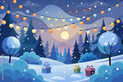 Snowy winter scene with evergreen trees, gift boxes, and glowing lights creates a cheerful holiday atmosphere.