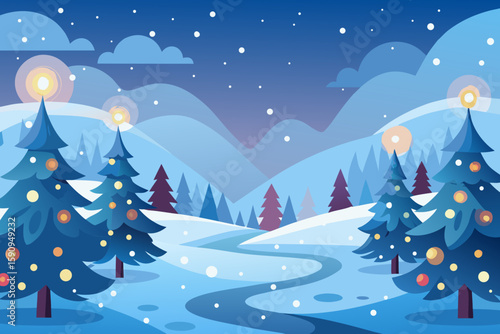Winter wonderland scene with Christmas trees and snowy mountains, perfect for holiday season design or festive greeting card backgrounds.