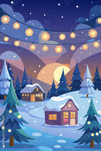 Beautiful winter scenery featuring snow-covered houses, pine trees, and glowing string lights evokes a peaceful Christmas or holiday season, ideal for greeting cards.