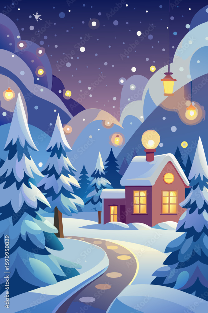 Fototapeta premium Enchanting winter scene with a cozy house and snow-covered pine trees, perfect for seasonal greeting cards and festive backgrounds.