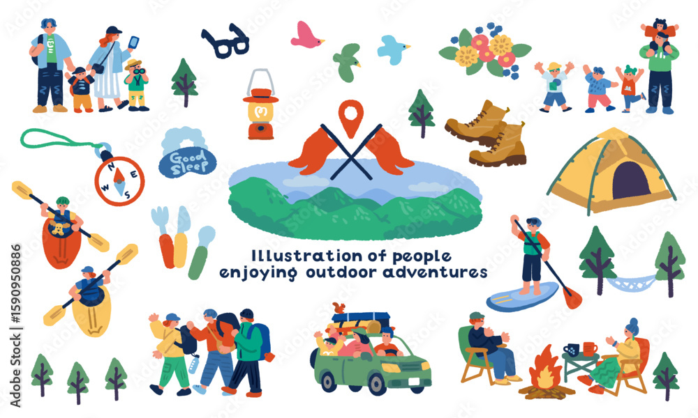 Obraz premium アウトドアを楽しむ人々の手描きイラストセット