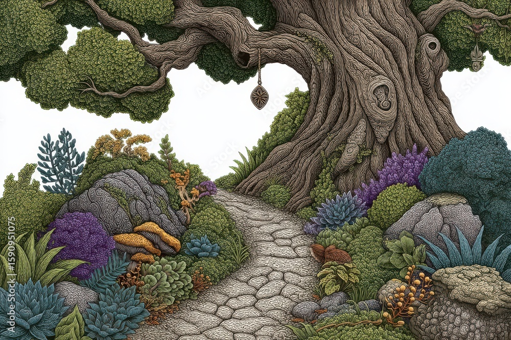 Fototapeta premium Pixel Art Path Through a Lush Garden with a Large Tree