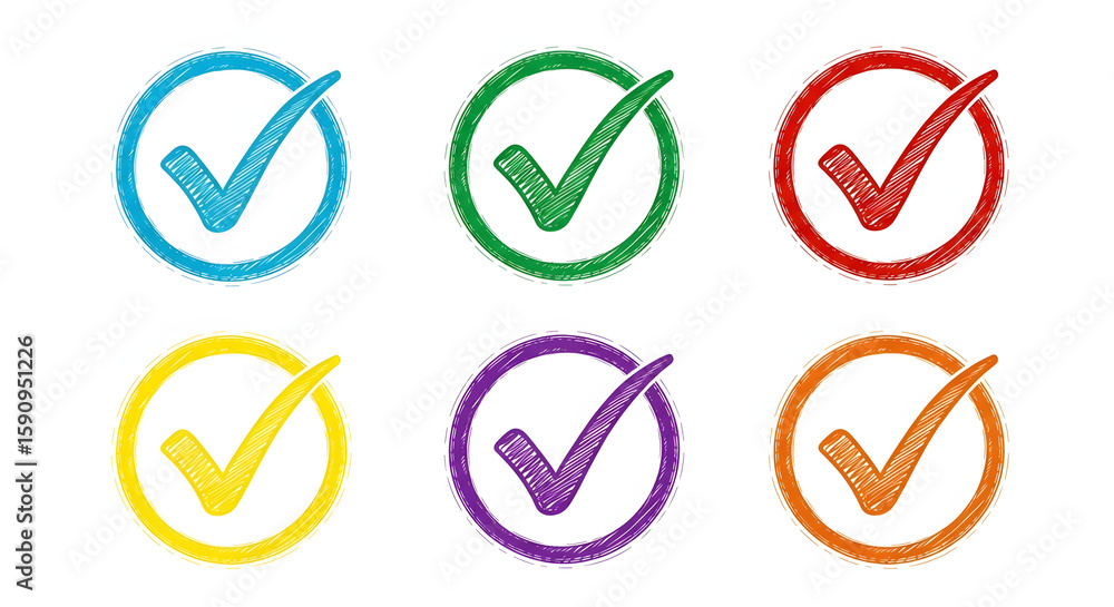 Colorful Check Marks: An array of six hand-drawn check marks in various colors encased in circles, conveying a sense of completion and approval. Colorful Check Marks: An array of six hand-drawn check marks in various colors encased in circles, conveying a sense of completion and approval.