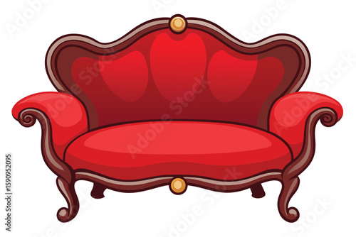 Ornate Red Couch with Dark Wood Frame and Gold Accents, Cartoon Illustration