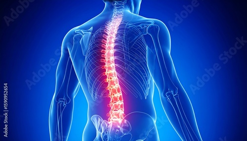 3D medical illustration of a human spine with highlighted pain area