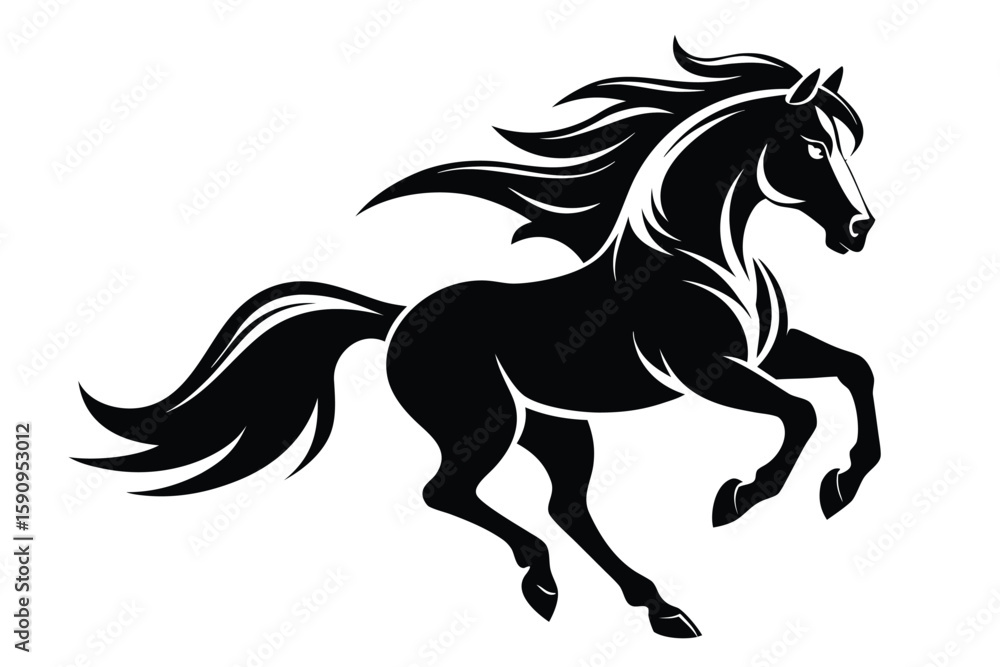 Obraz premium Silhouette of Galloping Black Horse with Flowing Mane and Tail on White Background