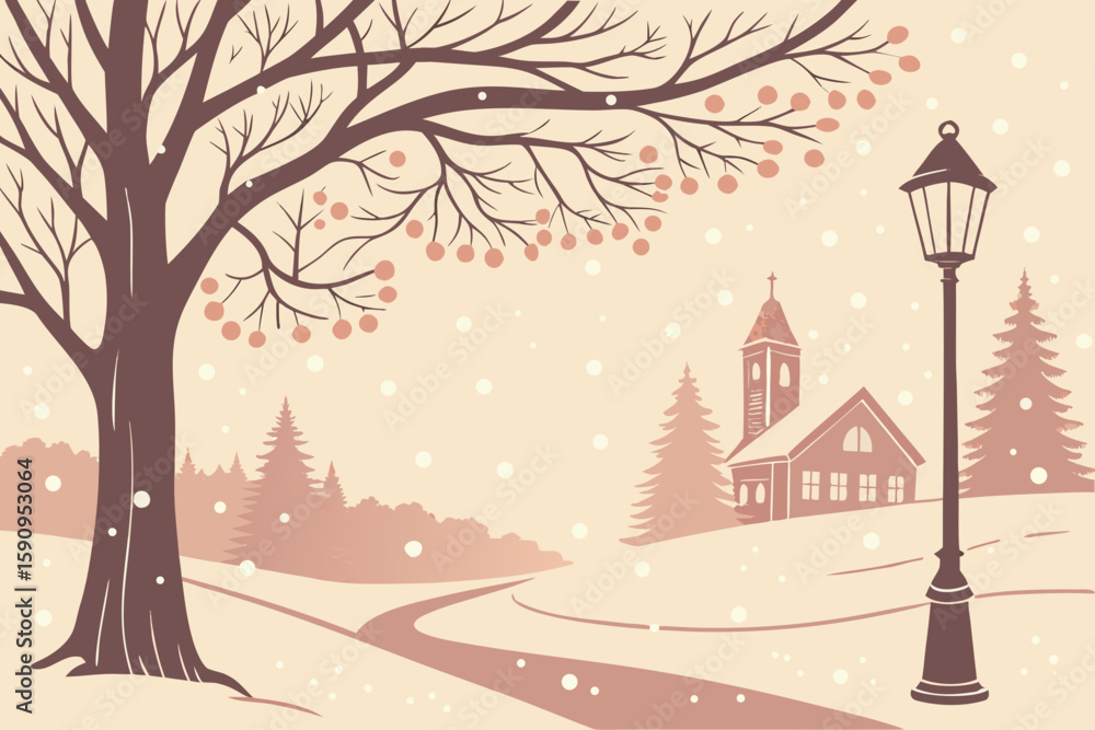 Naklejka premium A peaceful winter scene featuring a church, snowy landscape, bare tree, and old-fashioned street lamp, perfect for seasonal designs.