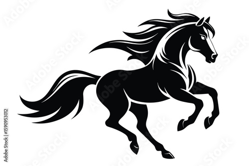 Silhouette of Galloping Black Horse with Flowing Mane and Tail on White Background