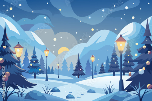 A wintry landscape graphic featuring snow covered mountains, illuminated street lamps, and stylized pine trees creating a peaceful holiday scene.