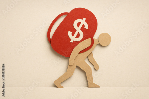 Concept of the burden of debt, A paper figure bent over, struggling to walk while carrying a very large, heavy red paper backpack labeled with a dollar sign