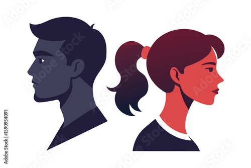 Silhouette Portrait of a Man and Woman BacktoBack in Blue and Red Colorschemes
