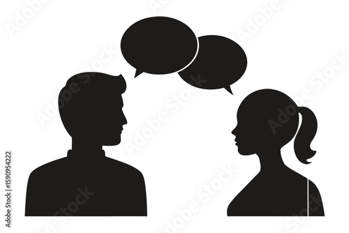 Silhouetted Man and Woman Conversation with Two Speech Bubbles, Black and White