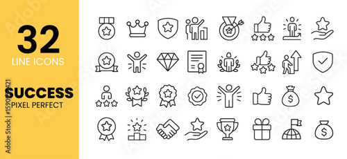 Success Line Icons, Pixel Perfect Achievement & Goal Vector Set