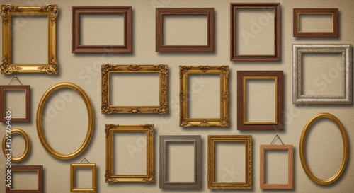 A collection of empty picture frames are displayed on a textured wall