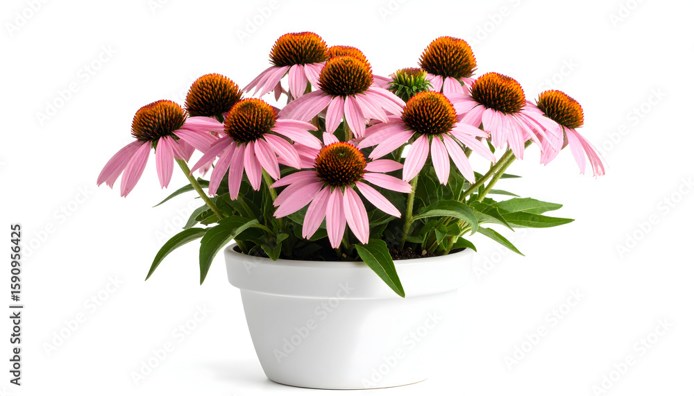 Obraz premium Pink Coneflowers in White Pot on White Background
