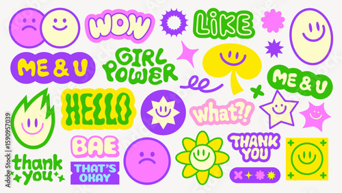 Colorful stickers with phrases like YOLO, OMG, and awesome Fun, playful, and vibrant designs with smiley faces and quirky expressions on a purple background Funky stickers, vector set