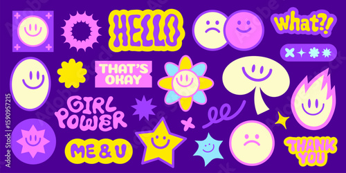 Colorful stickers with phrases like YOLO, OMG, and awesome Fun, playful, and vibrant designs with smiley faces and quirky expressions on a purple background Funky stickers, vector set