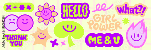Colorful stickers with phrases like YOLO, OMG, and awesome Fun, playful, and vibrant designs with smiley faces and quirky expressions on a purple background Funky stickers, vector set