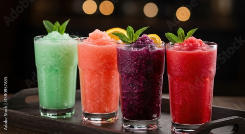 Four colorful frozen slushy drinks with mint and fruit garnishes