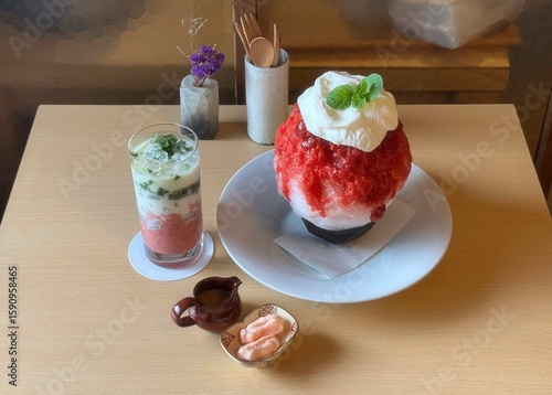 A refreshing bowl of bingsu, topped with fluffy shaved ice, vibrant fruits, and sweet toppings. Perfect for summer treats, this Korean dessert captures the essence of indulgence and delight.