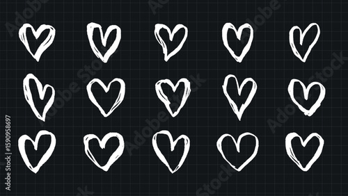 Various black heart doodles on background. Heart shapes, doodles, and patterns create a playful and artistic design. Hearts in different styles. Cute hand drawn Valentine's Day vector set.