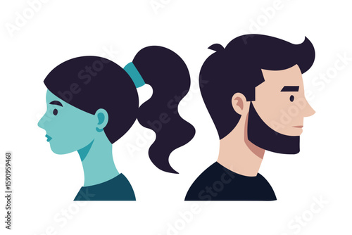 Woman with Ponytail and Man with Beard Illustrated in Profile on White Background